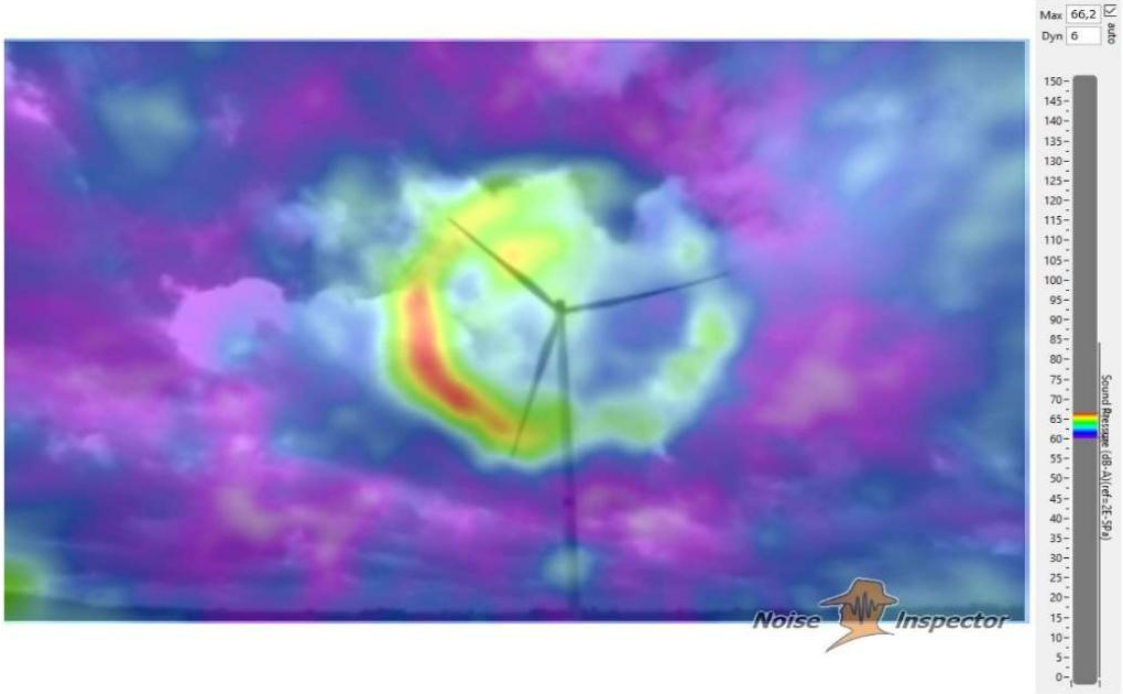 Screenshot der Auswertungssoftware der Akustikkamera: Visuelle Darstellung der Ergebnisse einer Schallmessung an einer Windenergieanlage.
